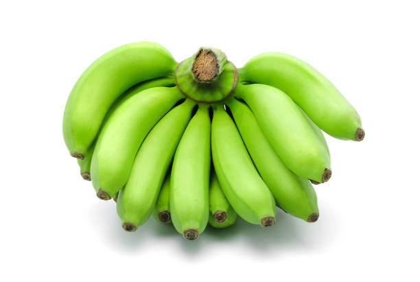 Fresh green unripe bananas on the ground, arranged on a natural surface