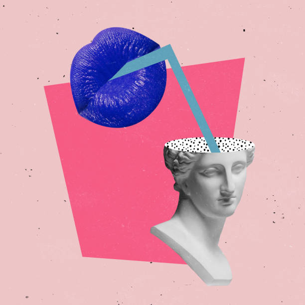 istock Contemporary art collage. Abstract image with antique statue bust and pink female lips isolated over pink background. Party time 1395729247