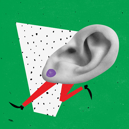 Contemporary art collage. Human ear running isolated over green background. Spreading news and rumors. Concept of pop art, creativity, surrealism, imagination. Abstract design