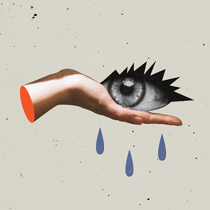 Mental care. Contemporary art collage. Abstract image of female crying eye lying on hand symbolizing psychological help. Concept of pop art, creativity, surrealism, imagination, feelings