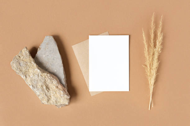 istock Blank greeting card, invitation mockup. Dry grass, pampas plant on beige table background. Flat lay, top view. Copyspace. Paper cards, mock up. Modern Minimal business brand template. Soft shadow, A6 1395732013