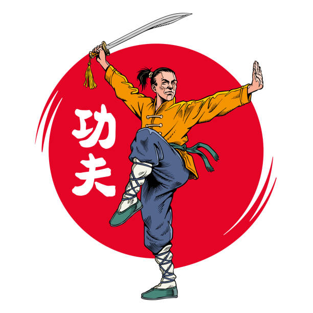 Kung fu fighter with sword practice vector illustration. Inscription on illustration is a chinese hieroglyphs of kung fu. Kung fu fighter with sword practice, isolated. Comic book style vector illustration. Inscription on illustration is a chinese hieroglyphs of kung fu. ancient chinese weapons stock illustrations
