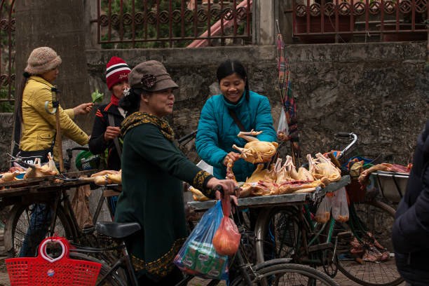 vendeurs de rue vietnamiens vendant du poulet frais sur leurs vélos. - vietnam market asia bird photos et images de collection