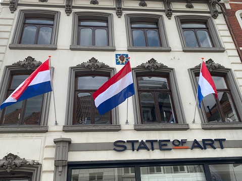 Sittard, May 05, 2022 - Dutch flags hanging in the streets to celebrate the WW2 Liberation  of the Netherlands.