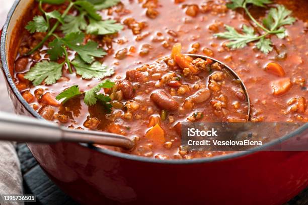 Traditional Chili Soup With Meat And Red Beans Stock Photo - Download Image Now - Chili Con Carne, Chili Pepper, Bean