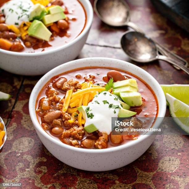 Traditional Chili Soup With Meat And Red Beans Stock Photo - Download Image Now - Chili Con Carne, Chili Pepper, Bean