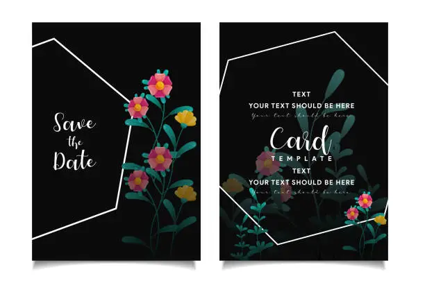 Vector illustration of Wedding card with flowers on black theme.