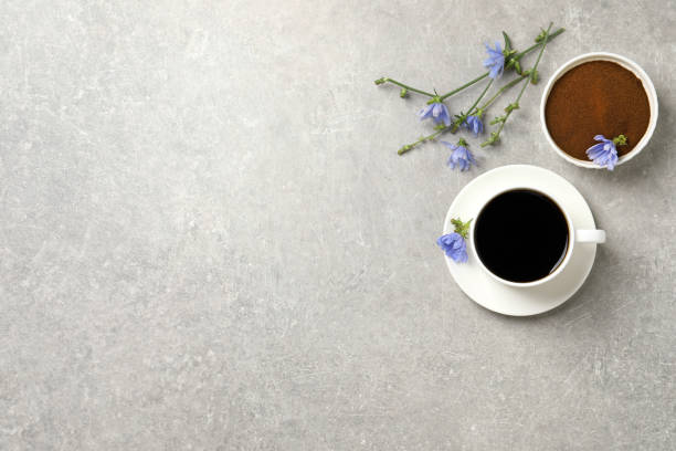 taza de deliciosa bebida de achicoria, polvo y flores sobre mesa gris claro, plana. espacio para texto - inulin fotografías e imágenes de stock