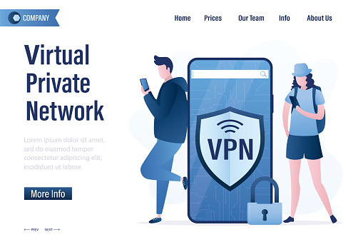 Modern cellphone with VPN application or plugin. Secure internet connection, data encryption. Security protocol. Virtual Private Network, landing page template. People use smartphones. Flat vector