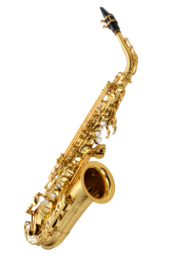 Saxophone, instrument and music jazz performance for creative talent song, entertainment for record label. Woodwind, device and audio notes for skill practice as artist,  orchestra for band recording