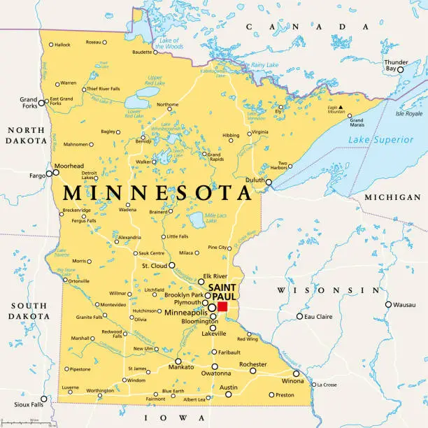 Vector illustration of Minnesota, MN, political map, US state, nicknamed Land of 10,000 Lakes