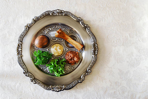 Passover seeder plate seen from above on light background