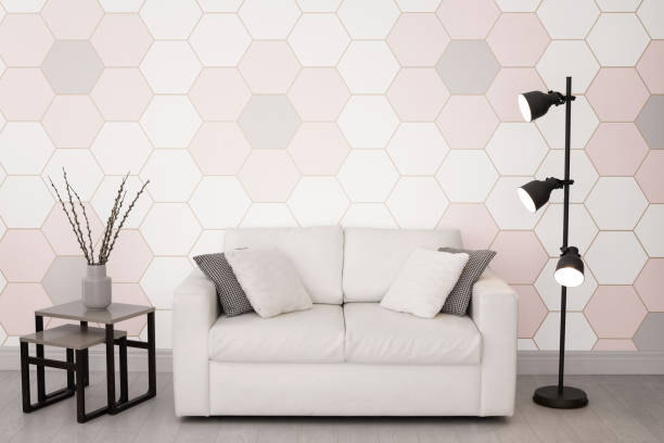 istock Textured wall with honeycomb pattern in stylish living room 1395745612