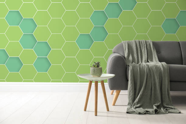 istock Textured wall with honeycomb pattern in stylish living room 1395745615