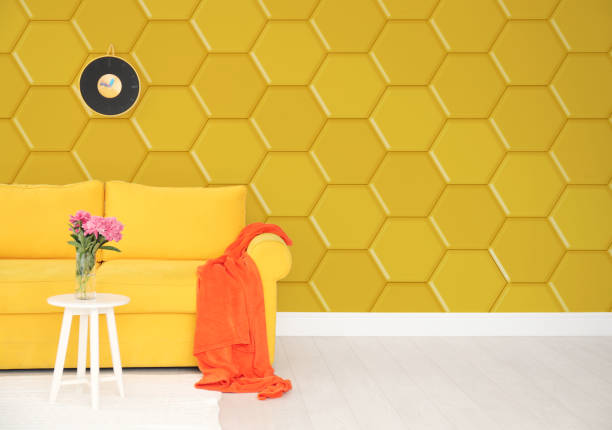 istock Textured wall with honeycomb pattern in stylish living room 1395745616