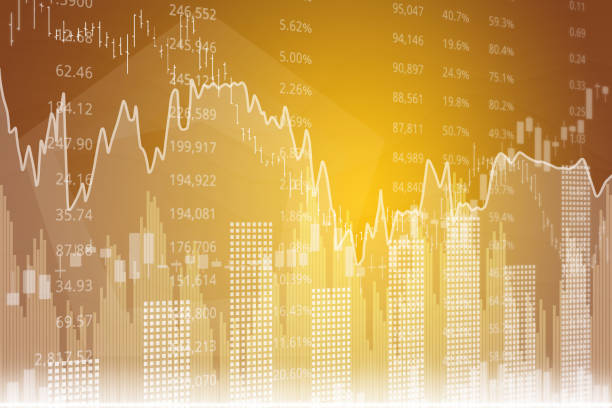 istock Finance yellow background with candlestick, column and graphs. Financial market concept. 3D render, soft focus 1395745667