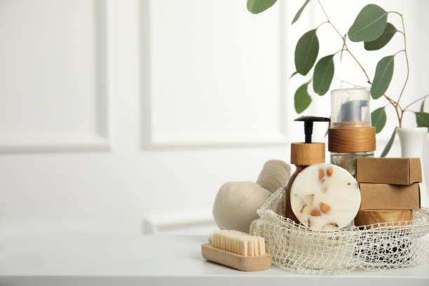 istock Eco friendly personal care products on white table indoors, space for text 1395745680