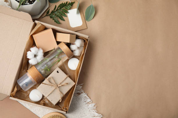 istock Box with eco friendly personal care products on craft paper, flat lay. Space for text 1395745796