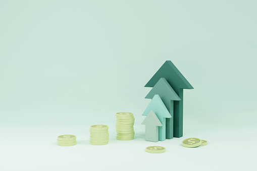 Green upward arrow and coin stacks on light green background with copy space 3D rendering illustration