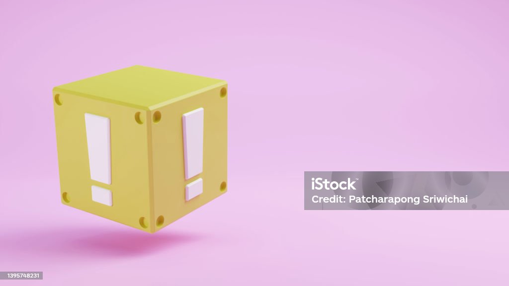 Yellow item box with white exclamation marks 3D render illustration Yellow item box with white exclamation marks sign symbol for game 3D rendering illustration Looting Stock Photo