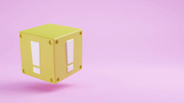 желтая коробка с белыми восклицательными знаками 3d-иллюстрация рендеринга - yellow box стоковые фото и изображения