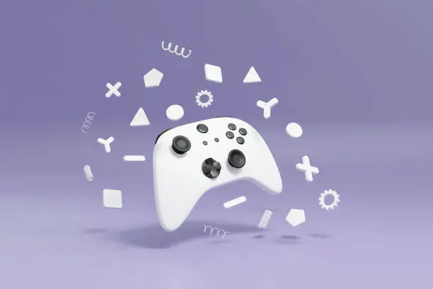 White joystick gamepad, game console controller, videogame computer or arcade gaming joystick on purple background with geometric shapes 3D rendering illustration