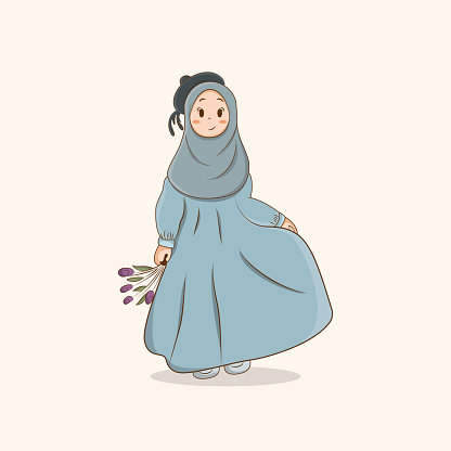 Cute Girl Hijab Holding Flower Vector Illustration, Muslim Girl with Hijab Cartoon