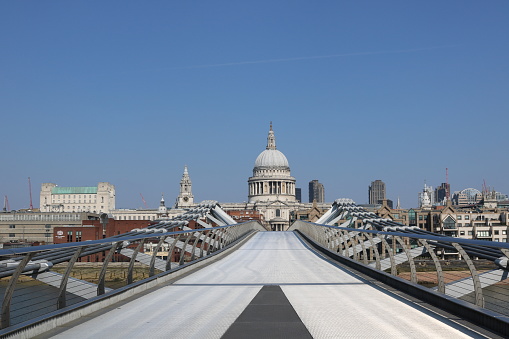 St Paul's Cathedral and Millennium Bridge in London During Covid-19 Lockdown, March 2020, Deserted Streets