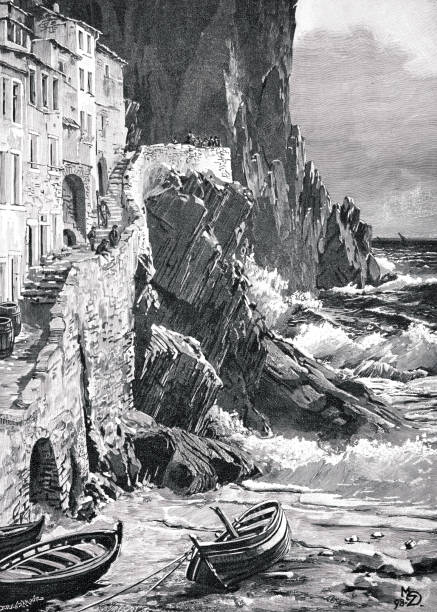 Storm on Riomaggiore beach Illustration from 19th century. spezia stock illustrations