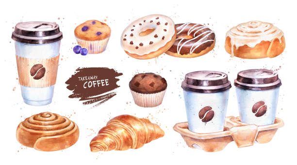 illustrazioni stock, clip art, cartoni animati e icone di tendenza di set di illustrazioni ad acquerello di cibo e caffè da asporto - coffee muffin take out food disposable cup