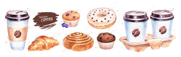 zestaw papierowych kubków do kawy i pieczonych ciast - coffee muffin take out food disposable cup stock illustrations