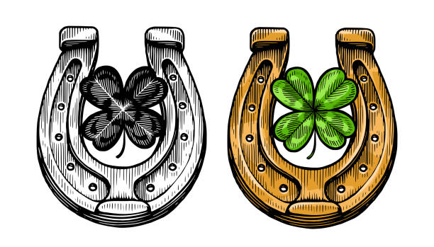 ilustrações de stock, clip art, desenhos animados e ícones de vintage horseshoe and clover. symbol of success and good luck. vector illustration - horseshoe gold luck success