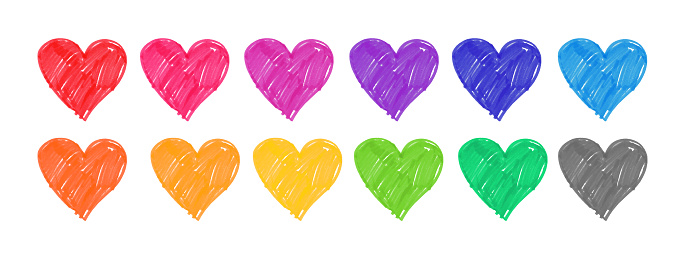 Hand drawn felt pen heart in different colors variation isolated on white background.