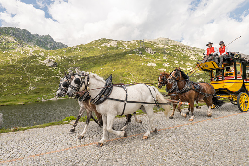 07/22/2021, Gotthard Pass. Historical Gotthard stagecoach during the journey on the Gotthard Pass old road. The legendary horse-drawn mail coach starts its journey in Andermatt (Uri Canton) and drives to Airolo (Ticino) via the Gotthard pass.