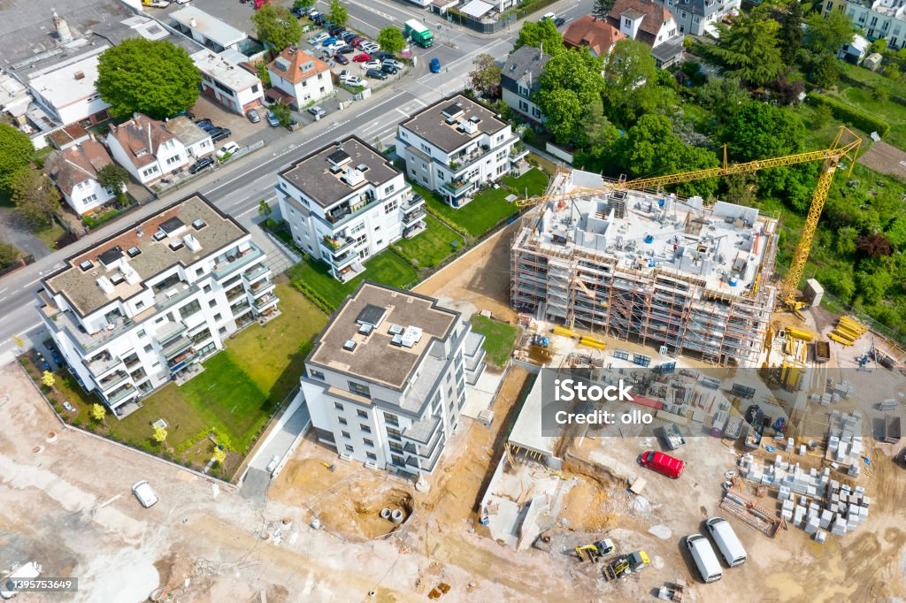 Large construction site, cranes and equipment - aerial view Aerial View Stock Photo
