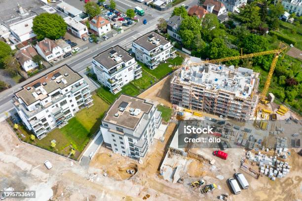 Large Construction Site Cranes And Equipment Aerial View Stock Photo - Download Image Now