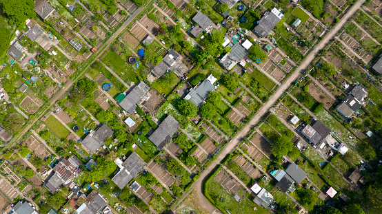 Allotment gardens - garden sheds, aerial view