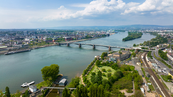 View over River Rhine and the cities of Mainz and Wiesbaden - aerial view