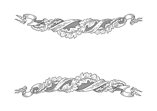 Vector vintage laurels frame with floral swirls, scrolls and ribbons Vector vintage laurels frame with floral swirls, scrolls and ribbons, antique decorative element with copy space isolated on white filigree border stock illustrations