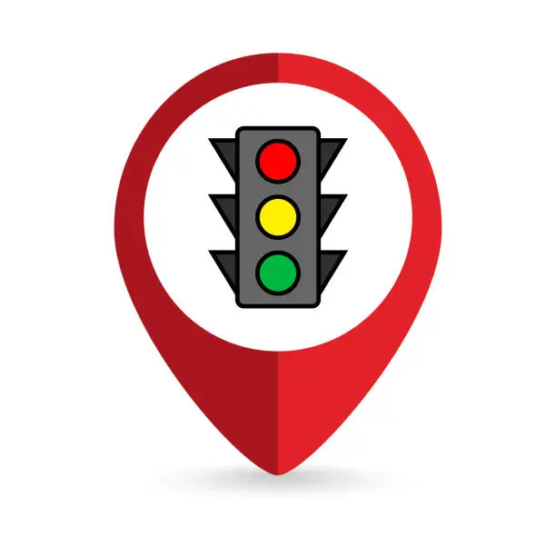 Vector illustration of Map pointer with street traffic lights. Vector illustration.