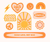 Hippie retro vintage stickers in 70s style. Flat vector illustration.