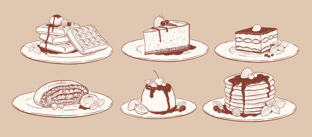 ilustrações de stock, clip art, desenhos animados e ícones de vector illustration set of desserts on plates - creme cozinhado