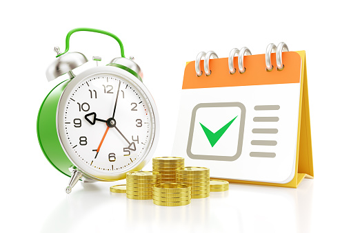 Stacks of coins are in front of a green alarm clock beside to a calendar, which containing printed graphics and all of them are on reflective white surface. 3D rendering graphics on the theme of Financial Scheduling.