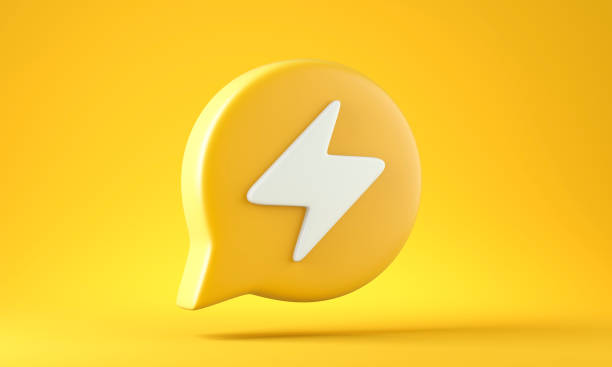 Speech bubble with thunderbolt sign Speech bubbles on yellow background. 3d illustration thunder bolt 3d stock pictures, royalty-free photos & images
