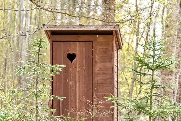 Wooden outdoor toilet with heart on the door. Spruce trees around.