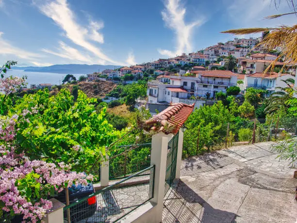 Panoramic beautiful view of Glossa on the mountain, in Skopelos island, Greece