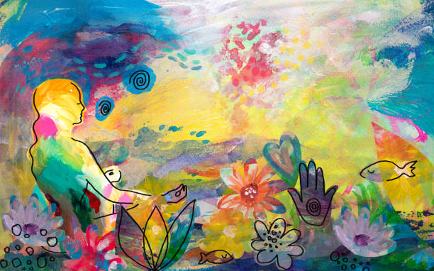 kobieta medytuje w naturze. - love abstract adult art stock illustrations