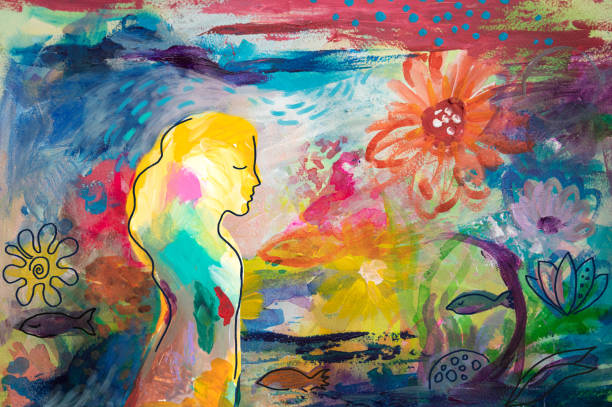 Woman meditating in nature. My own work. Mindful meditation- woman in nature - walking meditation. My own work. sad woman thinking stock illustrations