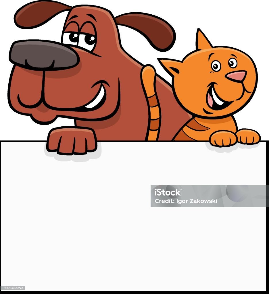 gato e cachorro dos desenhos animados com design gráfico de placa em branco  7456157 Vetor no Vecteezy