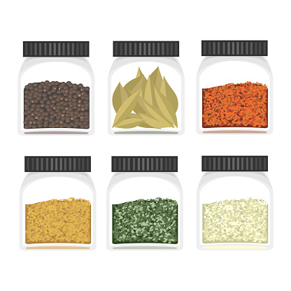 Vector colorful set with illustrations of different spices on bottle